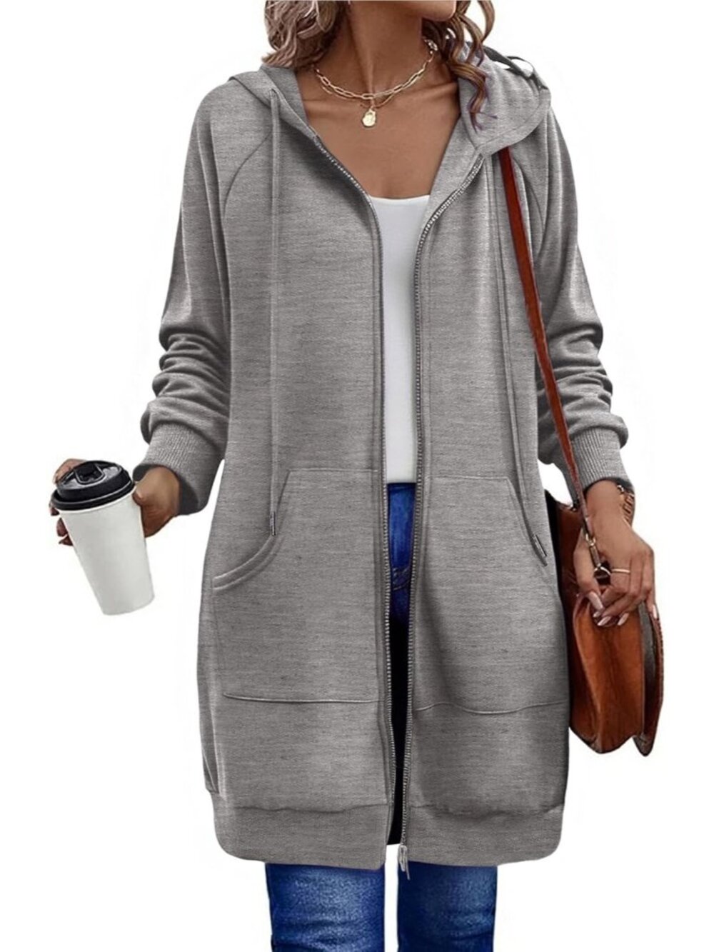〽️Women's Light Grey Long Fleece Zip Up Tunic Hoodie Oversized Casual Jacket